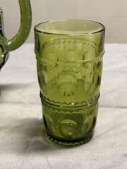 VTG 64 oz Anchor Hocking Avocado Green Rainflower Pitcher 3 Mismatched Glasses