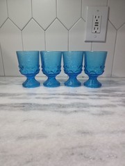 Brockway Glass Co Wine Goblets, Set of 4, Monterey Blue Footed Goblets, Textured