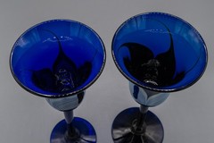 Steven Correia Pulled Feather Blue Iridescent Wine Water Goblet Glass Pair 10″H