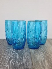 1960’s Anchor Hocking Madrid Aqua Blue Quilted Diamond Drinking Glasses Set of 4