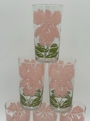 Set (6) Vintage MCM Pink & Green Iris Flower Tumbler Glasses Swanky Swig 16oz