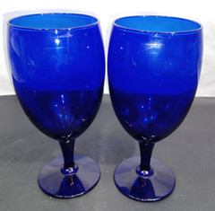 Vintage Cobalt Blue Hand Blown Wine Glasses Goblets Cups Mugs Set of 2