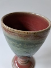 6″ Studio Pottery Chalice Goblet, Red & Green Glaze, Blue Slip-Dots