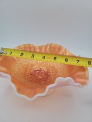 Antique Peach Opal Dugan Carnival Glass Soutache Pattern Wavy Footed Bowl