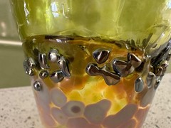 John Barber Art Glass Hand Blown Tumbler / Vase in Green Gold Iridescent Beaded