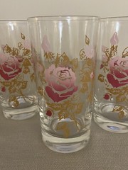 Vtg Pink Rose Highball Iced Tea Glasses Collins Set of 6 Floral Barware Roses