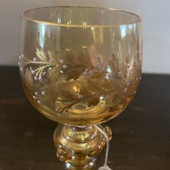 Hand Enameled White & Gold Floral Orange Luster Hock Wine Glass 7.5 Inches Tall