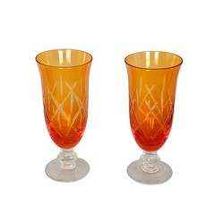 Set of 2 Vintage Orange Etched 6″ Iced Tea Water Glass Goblets RARE
