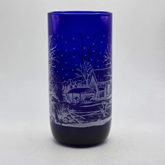 Libbey Cobalt Blue Country Winter Farm Scene Glass Tumbler Snow 6″H