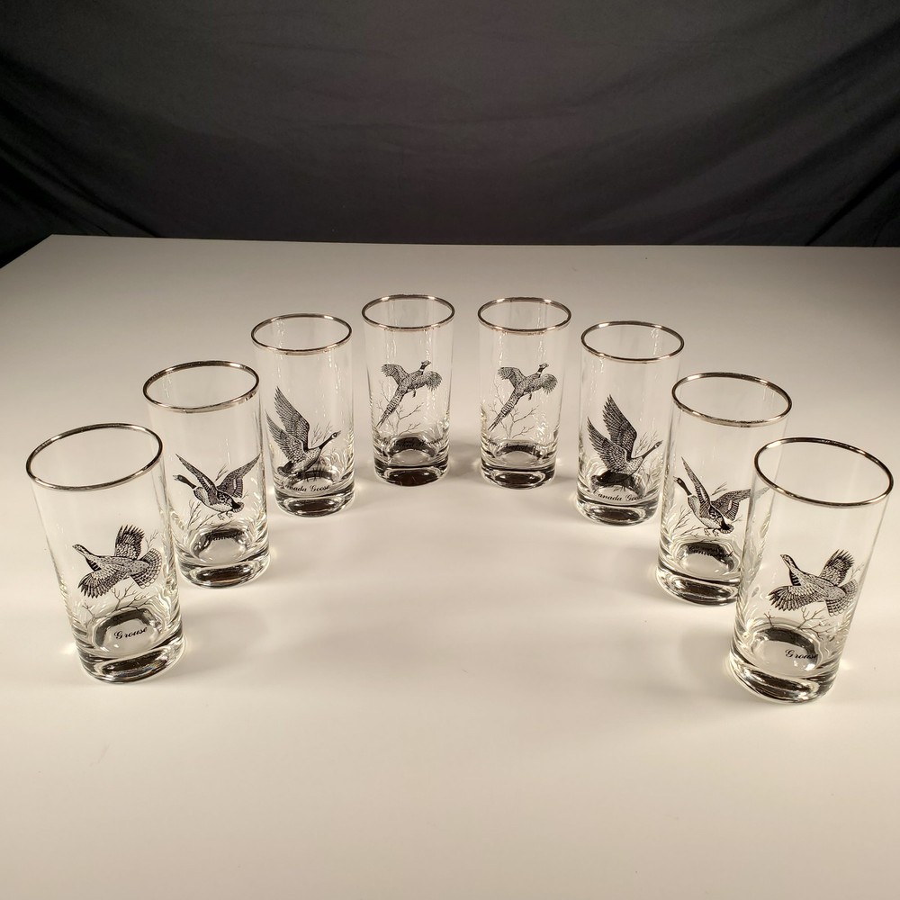 Set Of 8 Vintage Silver Rimmed Federal Glass Wild Game Bird Highball 5-1/2″ Tall