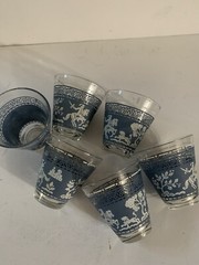 MCM Hazel Atlas Glasses Double Shot Set Of 6 Arabian Knights Wedgwood Blue White