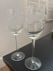 Wine Glasses Etched With Grapes & Leaves Design Set Of Two