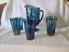 Indiana HARVEST GRAPE BLUE Carnival Glass iridescent PITCHER SET w/7 TUMBLERS