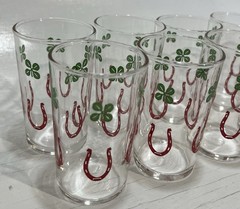 Vintage Lucky Horseshoe Shamrock Glasses Set of 12 Mid Century Barware Irish