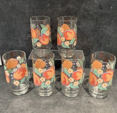 Set of 6 Peach Motif Tumbler Glassware Drinking Glass 14 oz Vtg 1970s-80s Retro