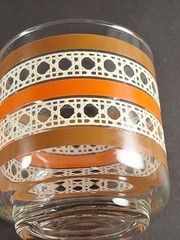 Vtg LIBBEY 8 oz. LOW BALL GLASSES TUMBLERS ORANGE BROWN BANDS RATTAN WEAVE