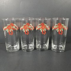 4 POINSETTIA & RIBBONS Iced Tea Glass Tumbler Set Anchor Hocking Tienshan Lot
