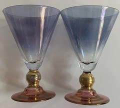 2 VTG Iridescent Wine Cocktail Glasses Golden Ball Step Cristallerie Si-An ITALY