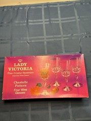 4 Vintage Fine Crystal Wine Stemmed Glasses Chantelle Lady Victoria France W Box