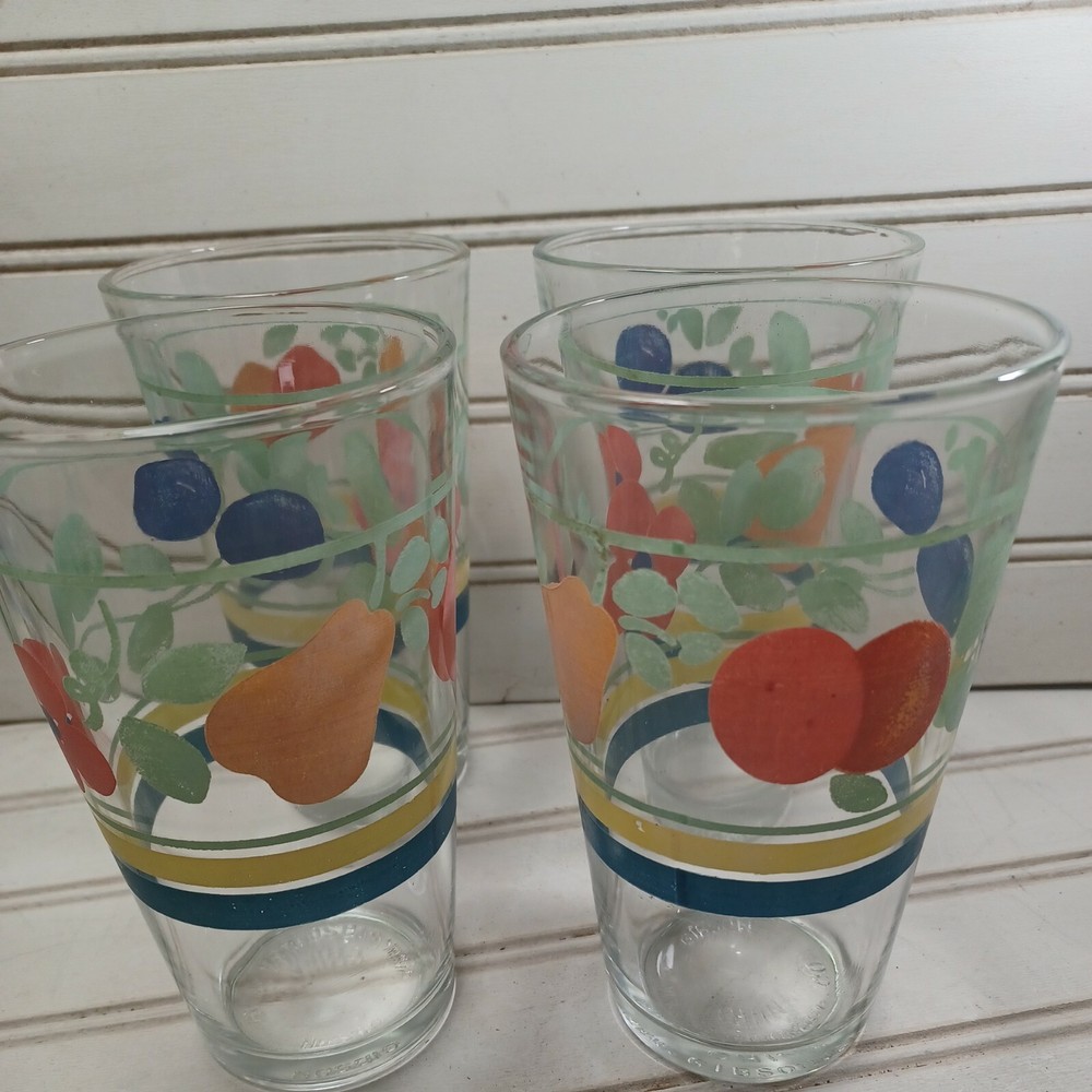 Vintage RARE Gibson Fruit Drinking Glasses Fruit and Floral w/Stripes Set of 4