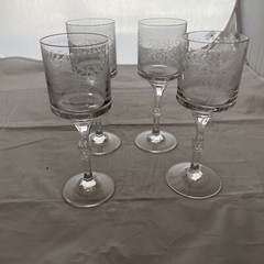 Etched Bowl Fancy Stem Wine Glass Set of 4 Unmarked 7″