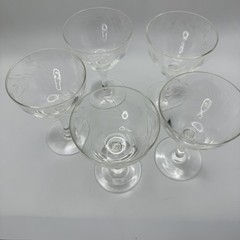 5 Champagne Etched Floral Wine Glasses Goblets Coupe Crystal Stemware Vtg Bar