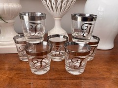 Set Of 7 Short Cocktail Glasses 3.25” Tall Monogram “T” Dorothy Thorpe Glasses