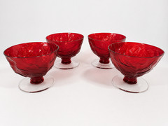 Morgantown Crinkle Ruby Red Sherbet Glasses Thick Stem Cadmium & Manganese Glow
