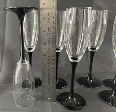 Lot of 8 Luminarc France Domino Black-Stem Champagne Flutes~Vintage