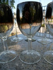 Silver Wine Glass Clear Mirror Smoke Gray Table Glass Stemware Stem Vtg Lot of 6