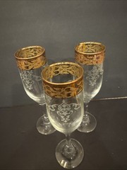 (3) Bernini 24K GOLD Trim Etched Blown Crystal Champagne Glasses 8 1/8” T