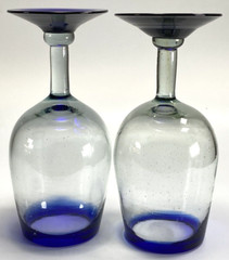 Pretty 16oz Hand Blown Wine Glasses Blue Rimmed and Footed 7 3/4″ Tall