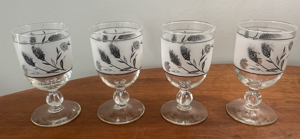 MCM Libby Silver Leaf Frosted Glass Set of 4 5.5”!goblets glasses 1960’s
