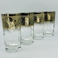 VTG Vitreon Queens Luster Silver Fade Ombre Etched Grape Glasses MCM Set of 4