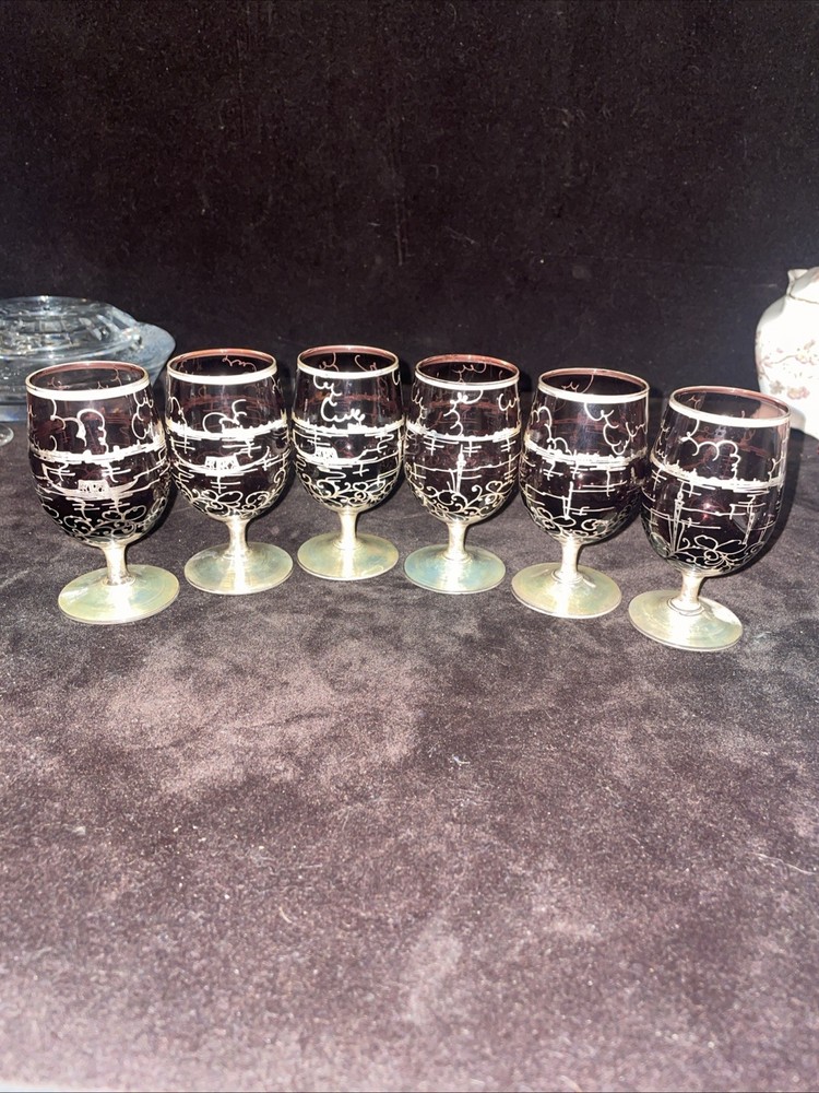 6 Vintage Green Silver Overlay Cordial Glasses With Gondola