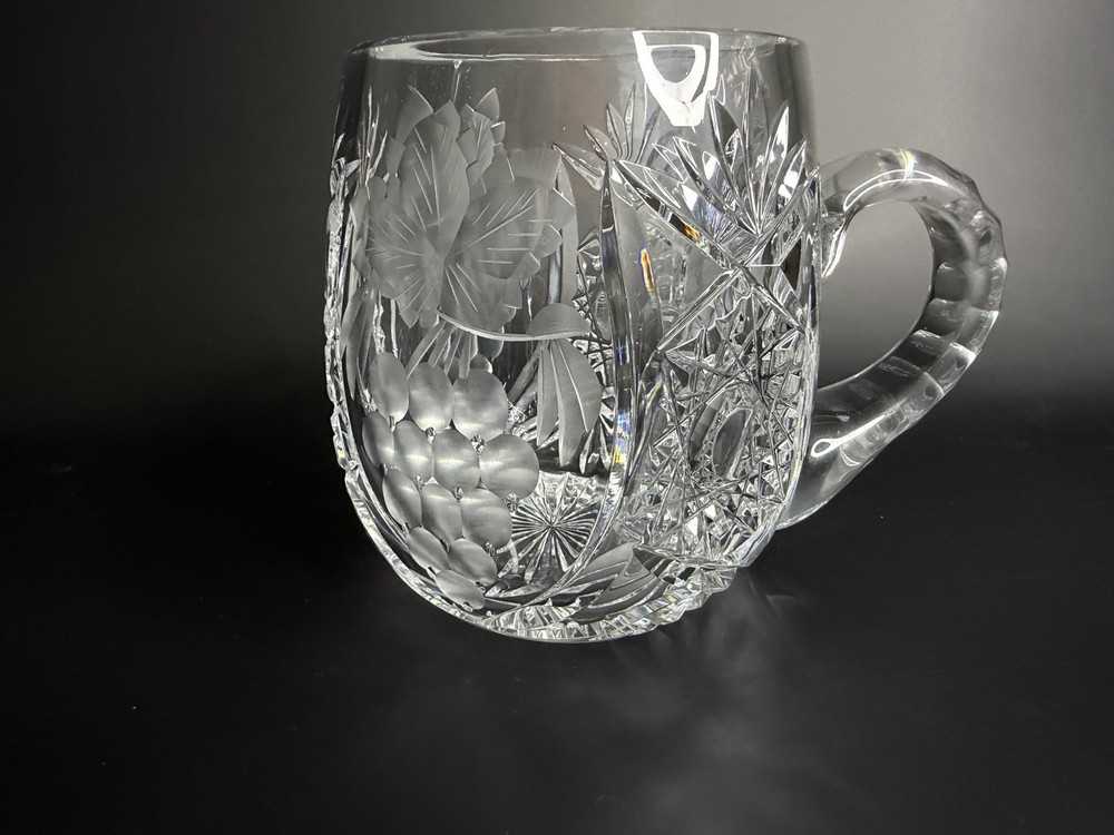 Vintage Heavy Cut Crystal Tankard Mug 855g Clear Glass Floral Star Pattern