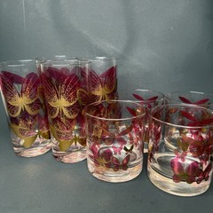 Fred Press Butterfly Glass Set 8 Cranberry Pink Gold Highball Rocks Mid Century