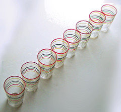 Eight Fine Vintage 1930’s Handmade Striped Diamond Panel Coctail Glasses 4.5″