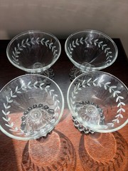 Vintage 4 Clear Glass Dessert/Cordial Bubble Stemmed and Leaf Etched Rim