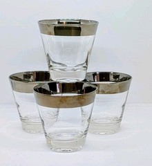 Vtg MCM Set 4Dorothy Thorpe style Low Ball Glasses Silver Band Mod Retro