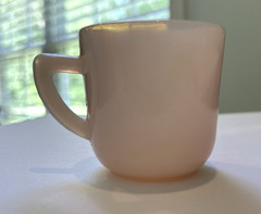 VINTAGE PINK MILK GLASS CUP GOES TO OPALESCENT AT RIM MADE IN USA