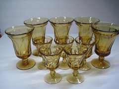 Vintage Amber Swirl Stem Glasses Set of 10 Goblets Water Wine Mid Century Modern