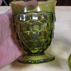3 Vintage Indiana Glass Avocado Green Whitehall Cubist Footed 8oz 4 Tumblers