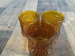 Vtg- 70s Libbey Amber/Orange Crinkle Geometric Design Tumbler Glasses 3.5 -Set 3