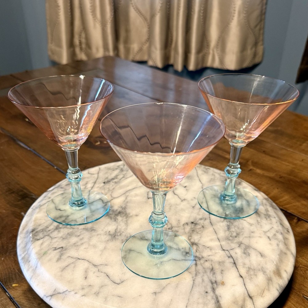 3pc VTG 40s MCM Morgantown Fondale Pink Optic Blue Stem Martini Uranium Glasses