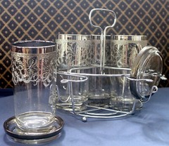 VTG Kimiko Silver Fade Grapevine MCM Barware Highball Glasses Coasters & Caddy
