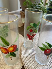 Set of 5 MCM Gold Rimmed Fruit Design Juice Drinking Glasses 6 fl oz