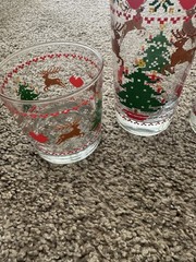 Vintage CHD 1984 Cross Stitch Christmas Tumbler Glass With Trees Reindeer Hearts