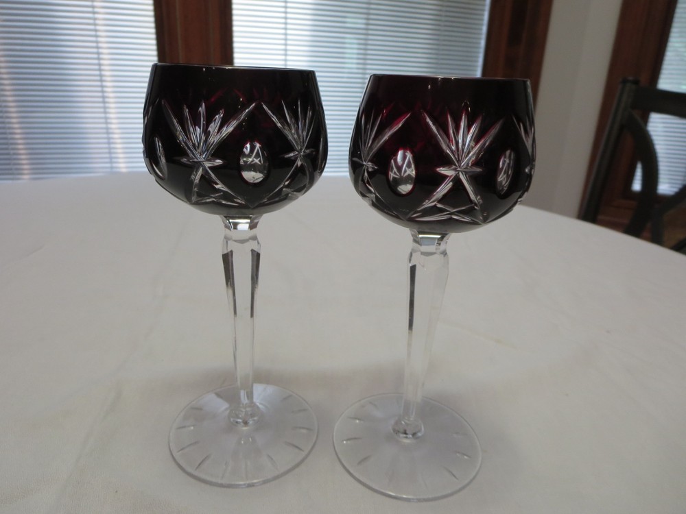 Pair of Bohemian Ruby Wine Cut to Clear Hock 7 1/2″ Glass Crystal Vintage 1970s