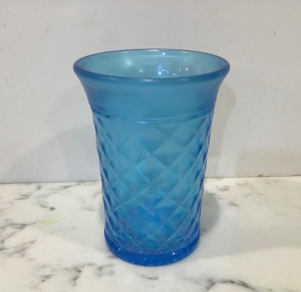 Stretch Carnival Glass Tumbler, Northwood #557 Concave Diamond, Celeste Blue